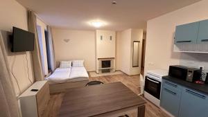 een klein appartement met een keuken en een woonkamer bij Апартаменти и стаи за гости "Алекс" in Pamporovo