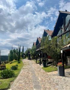 een geplaveide straat in een dorp met huizen bij Cabaña sierra de lobos in Las Palomas