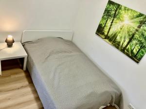 1 cama en un dormitorio con una foto en la pared en ZIMMERVERMIETUNG38 - Händel, en Salzgitter