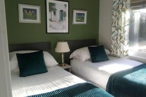 2 Betten in einem Schlafzimmer mit grünen Wänden in der Unterkunft Puddledock - luxury lodge - Kent countryside in Brookland