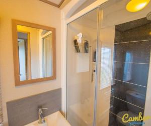 a bathroom with a shower and a sink at MP639 - Camber Sands Holiday Park - 3 Bedroom - Sleeps 8 - Large gated decking - Close to facilities in Camber +4 photos