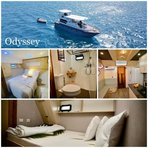 a collage of two pictures of a boat at Odyssey of sunny side in Male City