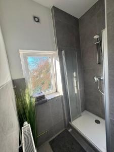 baño con ducha y ventana en Gemütliche Retro Wohnung, en Bremerhaven