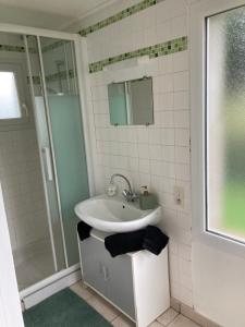 a bathroom with a sink and a shower at Cholet 500m du cormier 15 min du puy du fou in Cholet