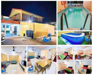 a collage of pictures of a house and a swimming pool at Bungalow Kotamas Seafront Teluk Kemang in Port Dickson