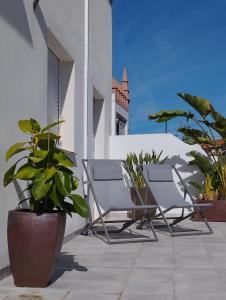 2 chaises et des plantes en pot sur un balcon dans l'établissement Ático con terraza La Venencia, à Sanlúcar de Barrameda
