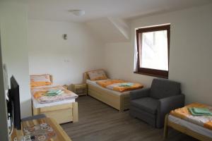 ein kleines Zimmer mit 2 Betten und einem Stuhl in der Unterkunft Penzión Trio in Trnkov