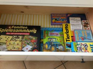 a shelf filled with childrens games and books at Ferienwohnung Aigisblick mit Pool und Sauna, direkt am Skihang in Missen-Wilhams