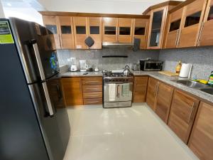 uma cozinha com armários de madeira e um frigorífico de aço inoxidável em Charming Apartment near Airport and Beaches em Ensanche Savica de Mendoza