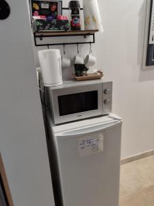a microwave sitting on top of a refrigerator at Chez Monique et Rémi in Avignon