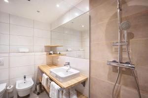 een badkamer met een wastafel, een toilet en een douche bij Stoana Apt 1-2 in San Giacomo
