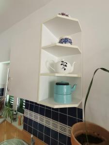 a kitchen shelf with a tea pot and dishes on it at Villa Delina in Rab
