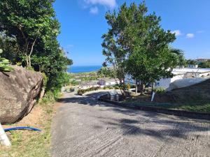 an empty road with trees and the ocean in the background at Montserrat Mountain View Retreat in Cudjoe Head