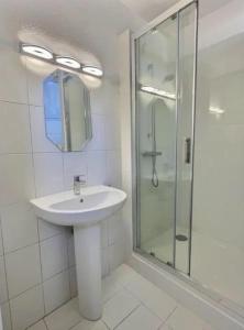 uma casa de banho com um lavatório e uma cabina de duche em vidro. em Appartement plein centre 300m de la plage . em Valras-Plage