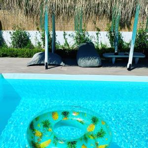 two pictures of a swimming pool with a plate in the water at Zen Villa in Schinias in Schinias