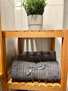 a wooden shelf with two pillows and a potted plant at Cozy Apartment Close To Central Station in Gothenburg