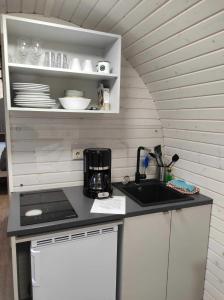 eine kleine Küche mit einer Theke und einem Waschbecken in der Unterkunft Tiny IglooKarlsson in Belau
