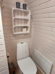 ein kleines Bad mit einem weißen WC und Regalen in der Unterkunft Tiny IglooKarlsson in Belau