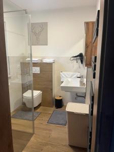 a bathroom with a toilet and a sink at Ferienwohnung Gschwandtnerhof 