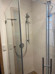 a shower with a glass door in a bathroom at Ferienwohnung Gschwandtnerhof 