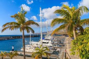 a group of boats docked at a marina with palm trees at Villa Alexsandra in Playa Blanca