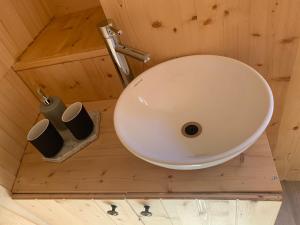 a bathroom with a sink in a wooden room at Igluhut Molino in Püchau