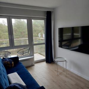 sala de estar con sofá azul y ventana grande en Apartament przy plaży - Rowy, en Rowy