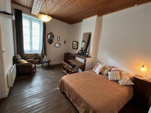 1 dormitorio con cama, silla y escritorio en Maison dans la magnifique village de Montjoi, en Monjoi