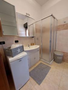 bagno con doccia, lavandino e specchio di S.T.A.R-H.O.U.S.E Cesano Maderno (vicino Stazione) a Cesano Maderno