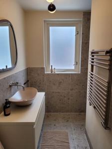 een badkamer met een wastafel en een raam bij Japandi Wellness met hottub & sauna in Ewijk