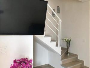a tv on a wall next to a staircase with flowers at Casa del Lago in Veracruz