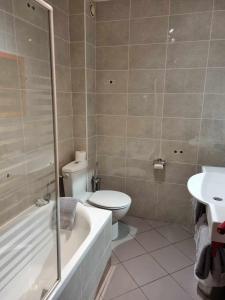 a bathroom with a toilet and a tub and a sink at Le Pigeonnier in Saint-Martin-le-Beau
