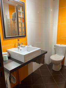 La salle de bains est pourvue d'un lavabo et de toilettes. dans l'établissement Le Pigeonnier, à Saint-Martin-le-Beau