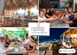 a collage of photos of people sitting at a restaurant at Hotel Parthenon Rodos city in Rhodes Town