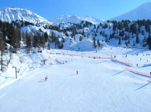 La Plagne Tarentaise的住宿－Résidence Le France - Studio pour 4 Personnes 744，一群人沿着雪覆盖的斜坡滑雪