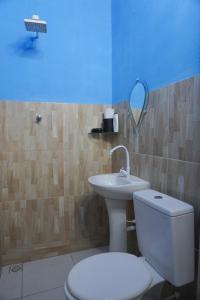 bagno con servizi igienici, lavandino e specchio di Mar Aberto Hospedagem Curimãs a Barroquinha