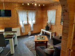 ein Wohnzimmer mit Holzwänden und Fenstern in der Unterkunft Ferienhaus Obert - Drognitz in Drognitz