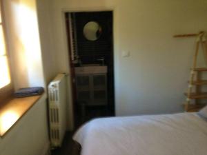 Schlafzimmer mit einem weißen Bett und einem Spiegel in der Unterkunft Appartement d'une chambre avec wifi a Bourg le Comte in Bourg-le-Comte
