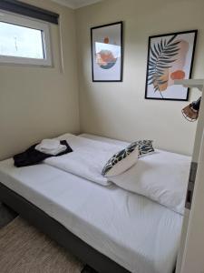 two beds in a bedroom with two pictures on the wall at Nordic Odin in Belau
