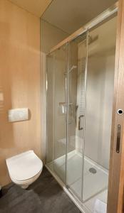 Un baño con ducha de cristal con inodoro. en Haus Pittiplatsch, en Falkenberg 17 fotos más