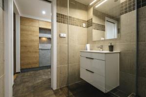 a bathroom with a sink and a mirror at Cozy & comfortable apt walking anywhere you want SEN in Prague