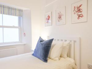布里德波特的住宿－Backlands Farmhouse，一间卧室配有一张带蓝色枕头的床