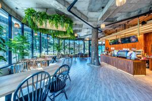 un restaurante con sillas y un bar con plantas en Ocean Brick Poolvilla, en Seogwipo