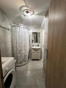 ペライアにあるLetty's cozy flat apartmentのバスルーム(シャワー、シンク、洗濯機付)