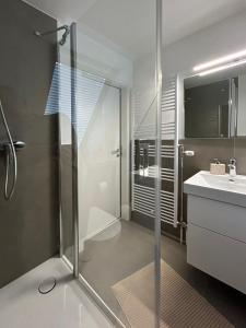 a bathroom with a shower and a sink at Travemünde Ferienwohnung am Meer in Travemünde