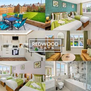 eine Collage mit Fotos eines Hotelzimmers in der Unterkunft BRAND NEW! Modern Houses For Contractors & Families with FREE PARKING, FREE WiFi & Netflix By REDWOOD STAYS in Farnborough