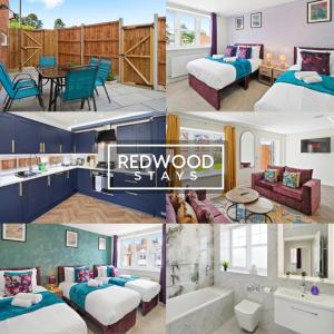 a collage of photos of a hotel room at Brand New Modern Houses For Contractors & Families with Free Parking, Free WiFi & Netflix By Redwood Stays in Farnborough