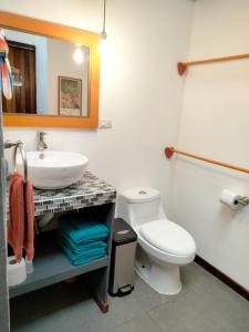 ein Badezimmer mit einem weißen WC und einem Waschbecken in der Unterkunft Selva Madre Eco-Sanctuary in Cahuita