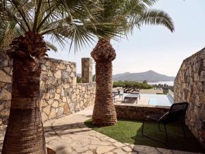 two palm trees and a chair next to a wall at Elounda Palm Hotel & Suites in Elounda