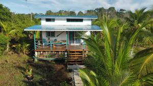 uma casa com um telhado azul e um alpendre em Big Bay Bocas - Casita Margarita 